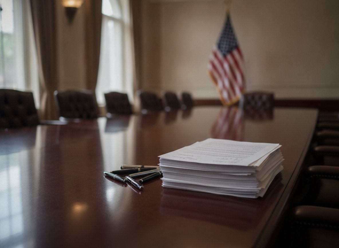 Il·lustració generada amb IA: ACTUALITZACIÓ: Trump i els grans directius de la IA signen un acord voluntari d'autoregulació, amb auditors externs i comitès als consells d'administració