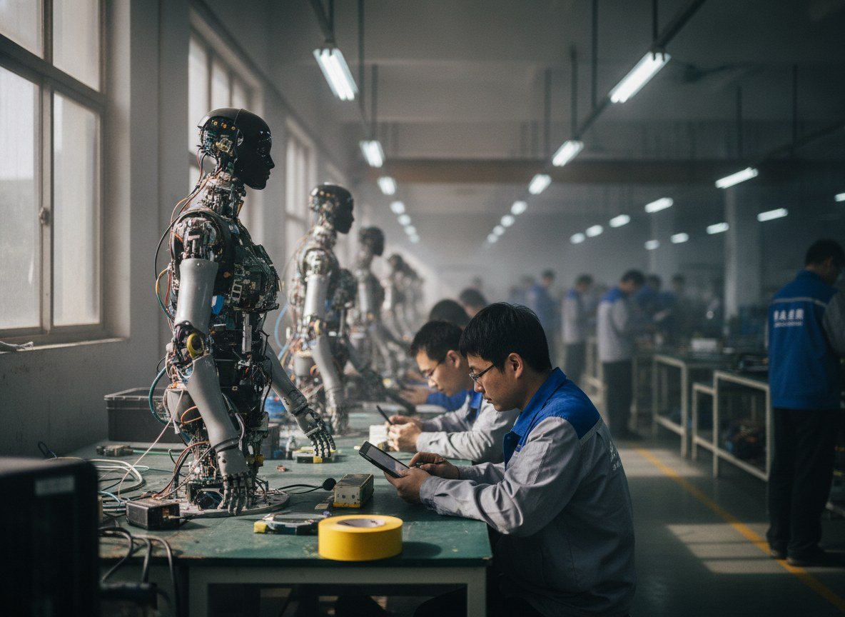 Il·lustració editorial de AgiBot supera Unitree i es converteix en la primera fabricant mundial de robots humanoides, mentre totes dues es preparen per sortir a borsa