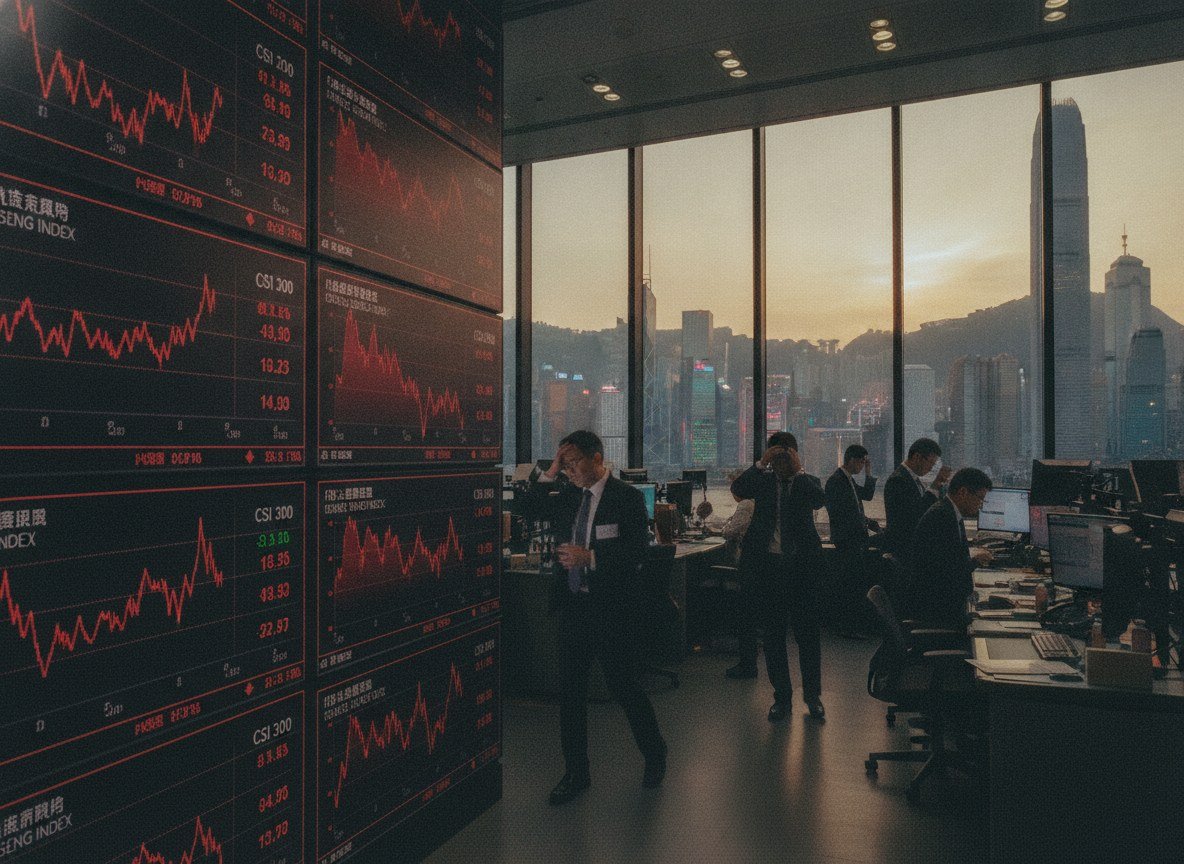 Il·lustració editorial de Alibaba capta 10.200 milions de dòlars per a la IA i la borsa de Hong Kong el càstiga amb una caiguda del 10%