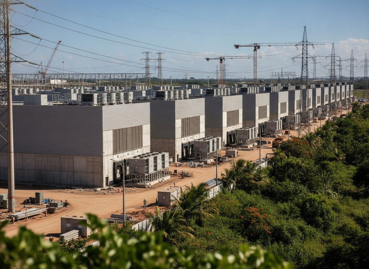 Il·lustració editorial de Alibaba Cloud obre els seus primers centres de dades a l'Amèrica del Sud, amb un paquet de serveis d'IA agèntica per al Brasil