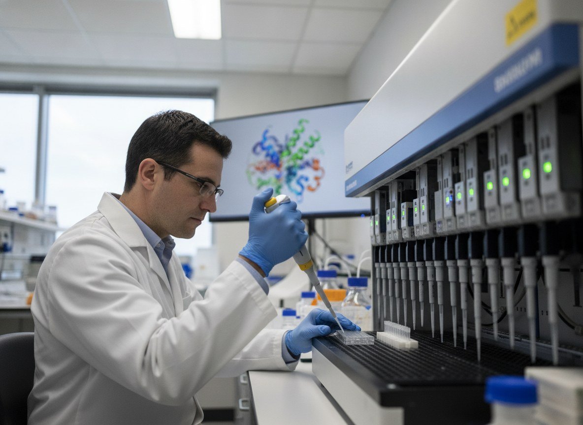 Il·lustració editorial de El Nobel David Baker s'alia amb l'Allen Institute i el Fred Hutch per crear una plataforma d'IA que dissenyi biologia des de zero