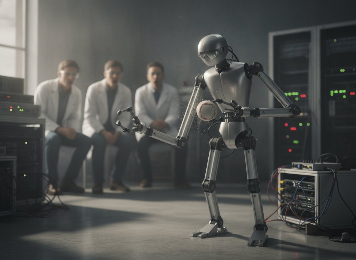 Il·lustració generada amb IA: Un robot de dos braços llança, agafa i batea pilotes amb moviments que s'acosten als humans, segons «Science Robotics»