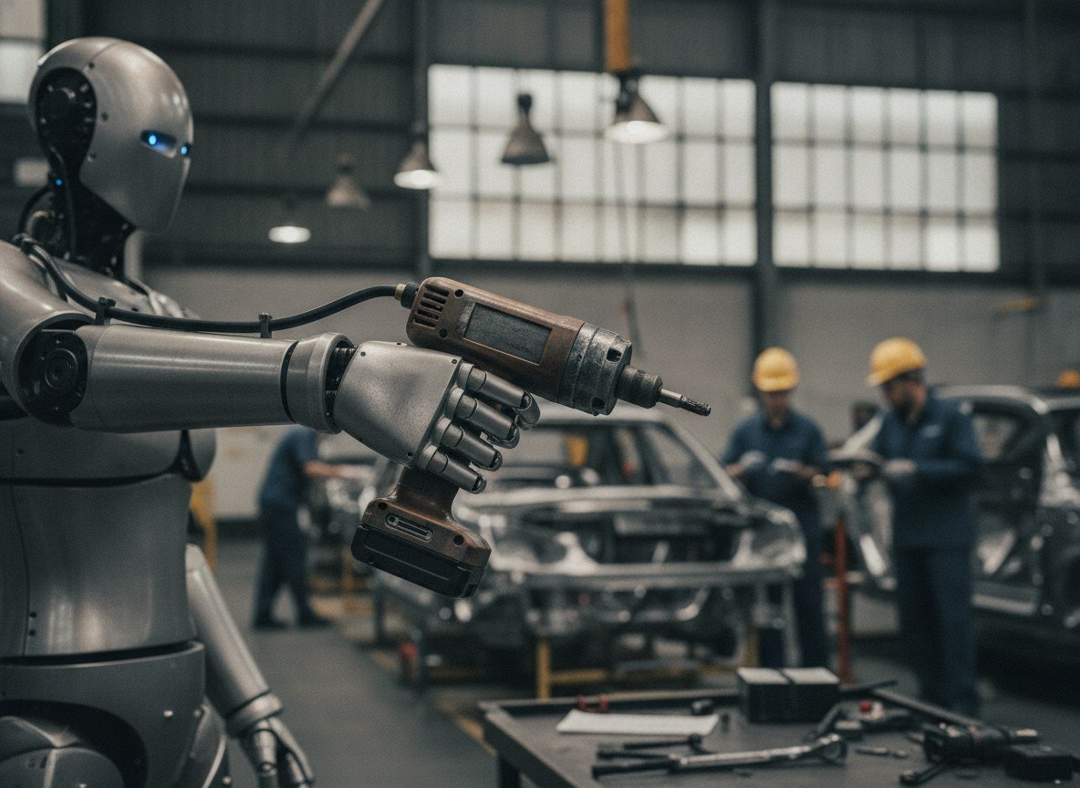 Il·lustració generada amb IA: Boston Dynamics dona a Atlas una mà de quatre dits sense petit per fer servir eines, entrenada en simulació