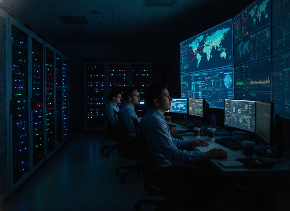 Il·lustració editorial de AT&T amplia l'aliança amb D-Wave per fer servir computació quàntica en la IA agèntica que gestiona la seva xarxa