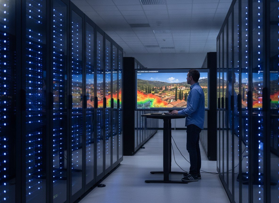Il·lustració editorial de El Barcelona Supercomputing Center desplega 21 projectes d'IA amb el MareNostrum 5 per anticipar-se a incendis, sequeres i onades de calor