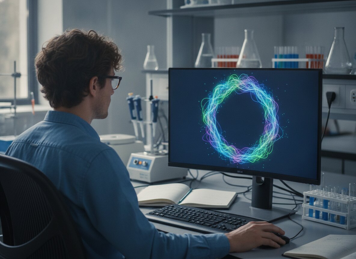 Il·lustració generada amb IA: Una IA prediu on s'uneixen els microARN als ARN circulars, nucleòtid a nucleòtid, però encara cal comprovar-ho al laboratori