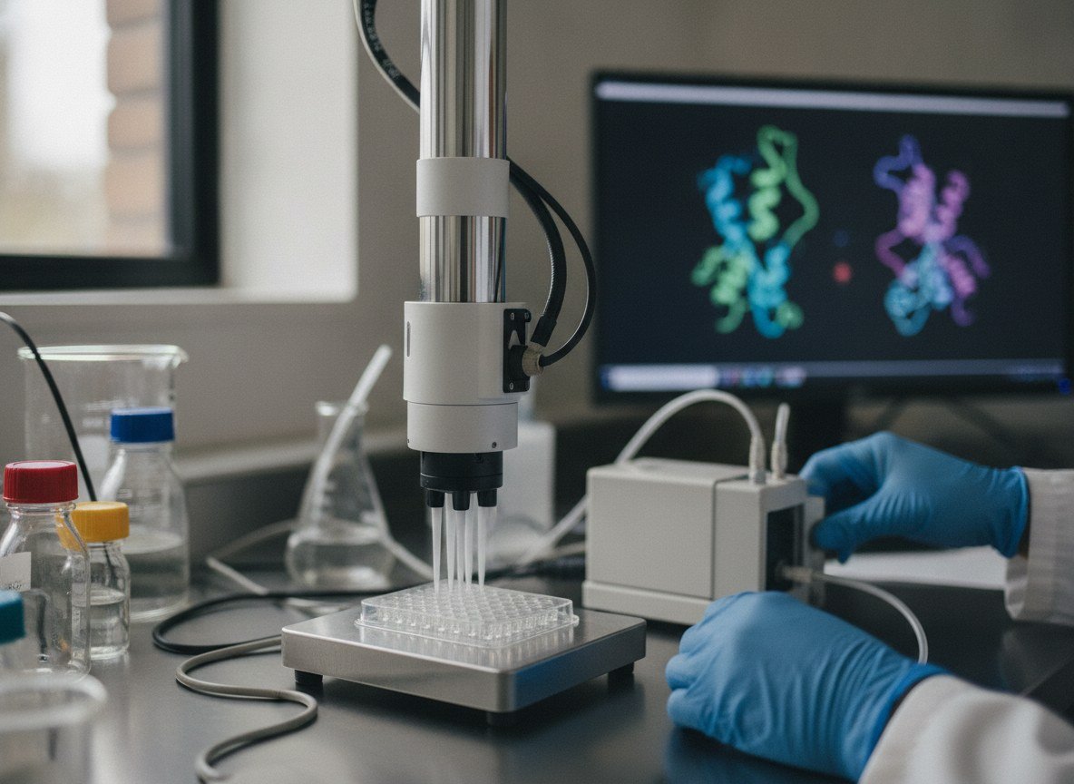 Il·lustració editorial de Un agent de Claude dissenya tot sol proteïnes que s'enganxen al seu objectiu en 14 de 15 casos, i el laboratori extern confirma un èxit que dobla l'habitual del sector