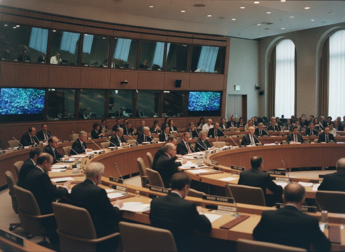 Il·lustració editorial de El Consell de Seguretat de l'ONU escolta per primer cop Sam Altman i Dario Amodei sobre els riscos de la IA