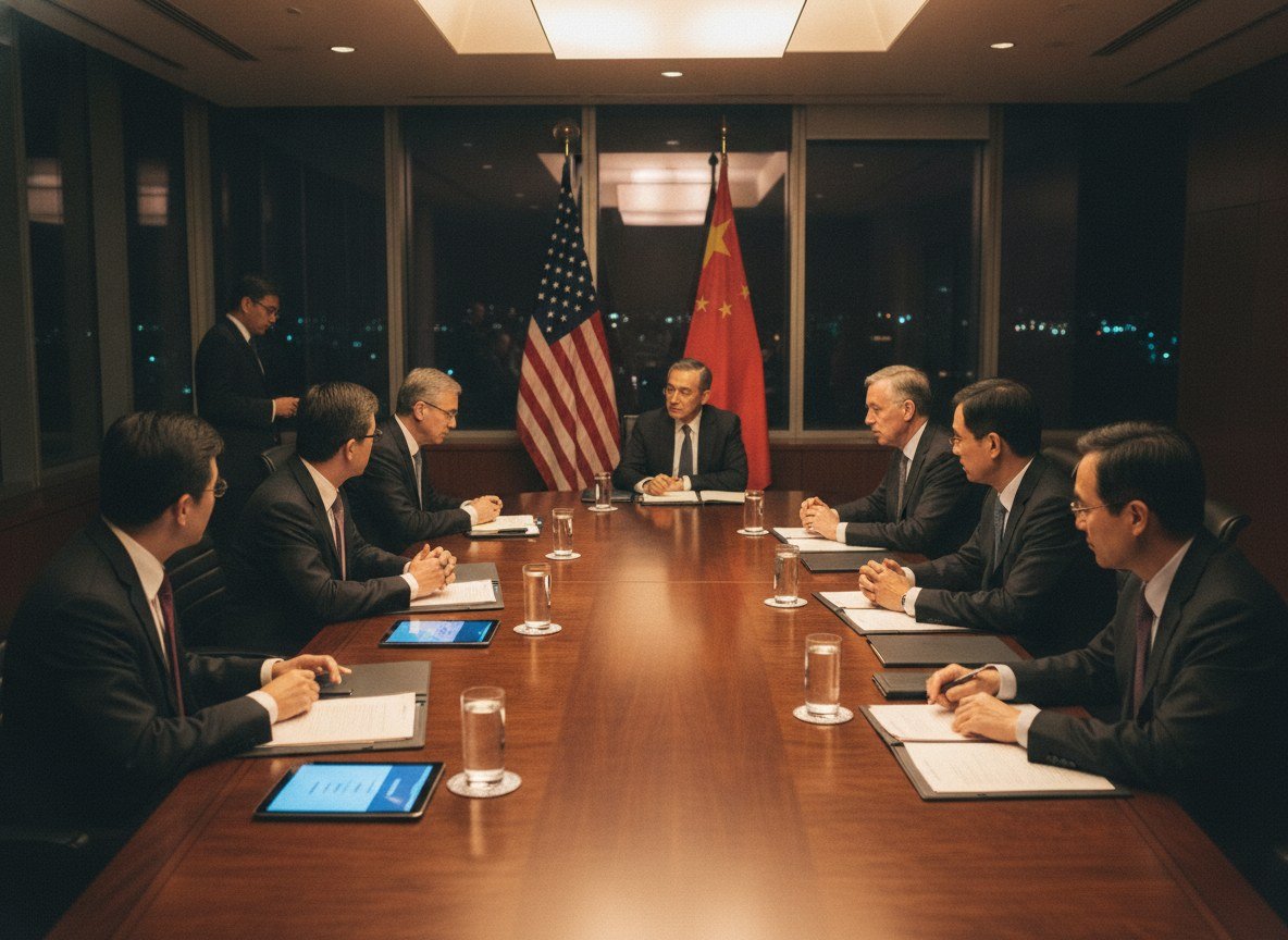 Il·lustració editorial de ACTUALITZACIÓ: Els Estats Units i la Xina acorden llançar un diàleg formal sobre IA amb notificació mútua d'incidents, quatre dies abans de la cimera Trump-Xi