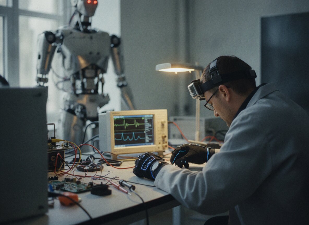 Il·lustració generada amb IA: Un equip xinès enregistra 100 hores de moviments humans amb càmera, sensors i guants per ensenyar tasques als robots humanoides