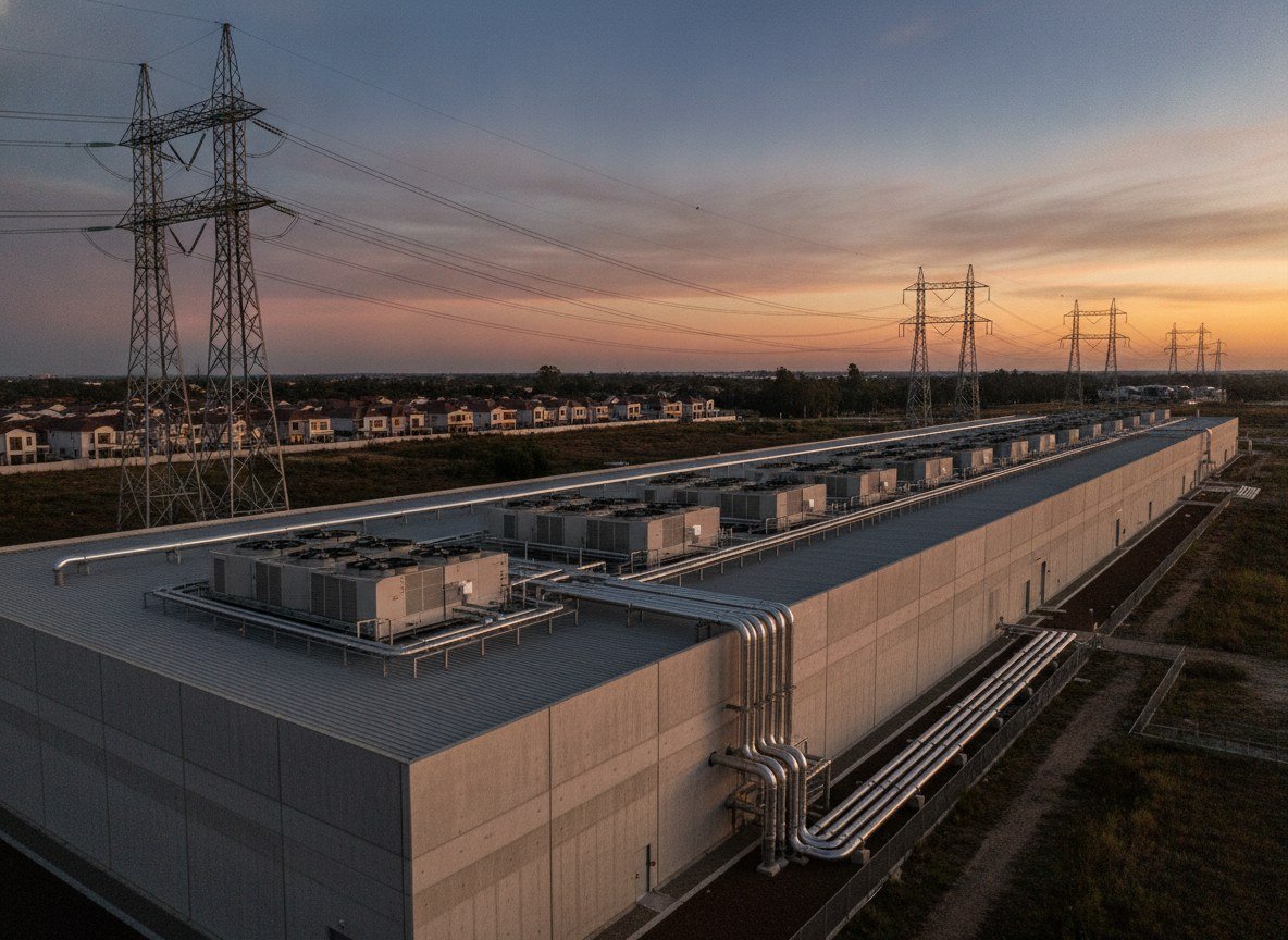 Il·lustració editorial de Almenys sis estats dels EUA ja han congelat els incentius fiscals als centres de dades d'IA per l'impacte en la factura elèctrica dels veïns