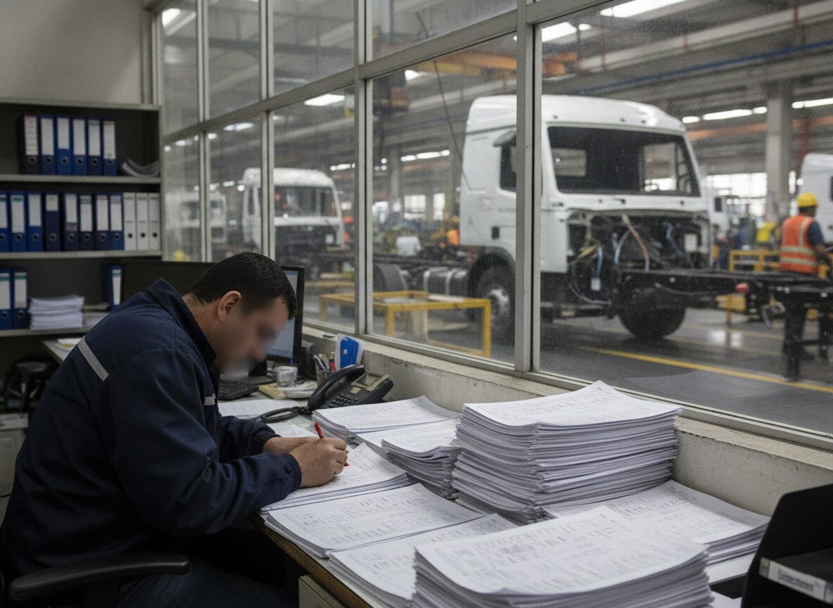 Il·lustració generada amb IA: Un estudi amb 475.000 decisions d'un fabricant de camions automatitza el 84% i deixa a les persones les que de debò milloren