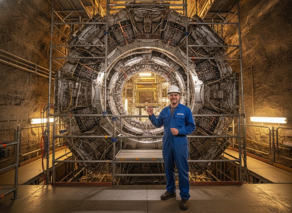 Il·lustració generada amb IA: Un model d'IA entrenat amb 500 milions de col·lisions simulades redescobreix una partícula coneguda en les dades obertes de l'experiment CMS del CERN