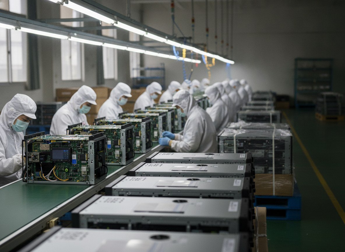 Il·lustració editorial de Els servidors d'IA superen per primer cop la meitat dels ingressos de Foxconn, que ja treu més diners del núvol que dels iPhone
