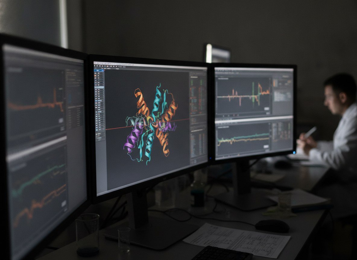 Il·lustració editorial de Un model generatiu simula en pocs nanosegons transicions moleculars que els mètodes clàssics trigaven ordres de magnitud més a calcular
