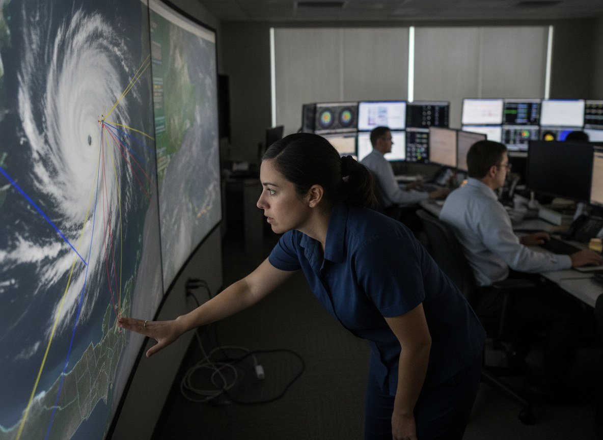 Il·lustració editorial de Google DeepMind publica a Nature un model d'IA que dona als meteoròlegs «un dia sencer més» per preveure huracans