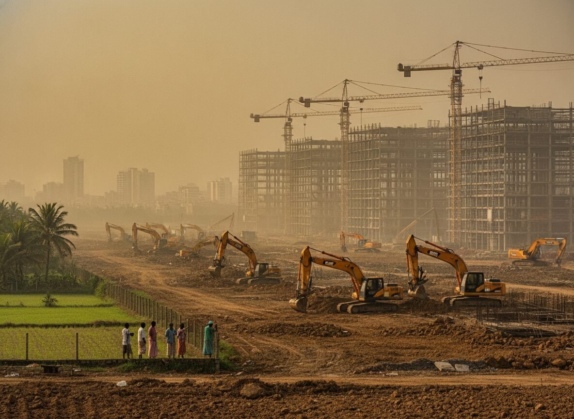 Il·lustració generada amb IA: Veïns de Visakhapatnam, a l'Índia, qüestionen el centre de dades de 15.000 milions de dòlars que hi construeix Google