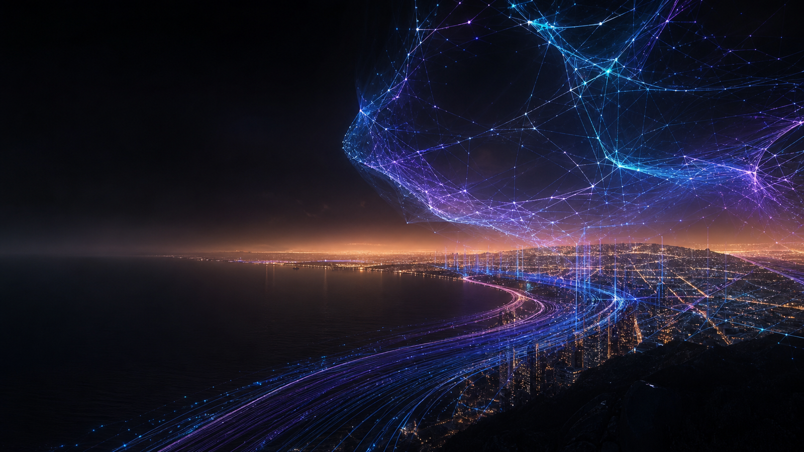Interpretació artística nocturna de Barcelona connectada per xarxes de dades