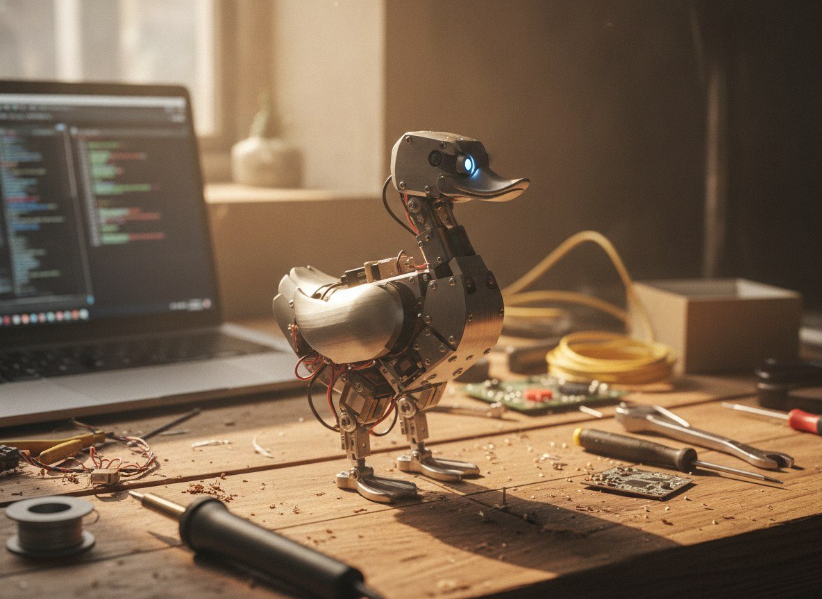 Il·lustració editorial de Hugging Face ven Microduck, un robot pato de codi obert de 399 dòlars que aprèn trucs nous per reforç