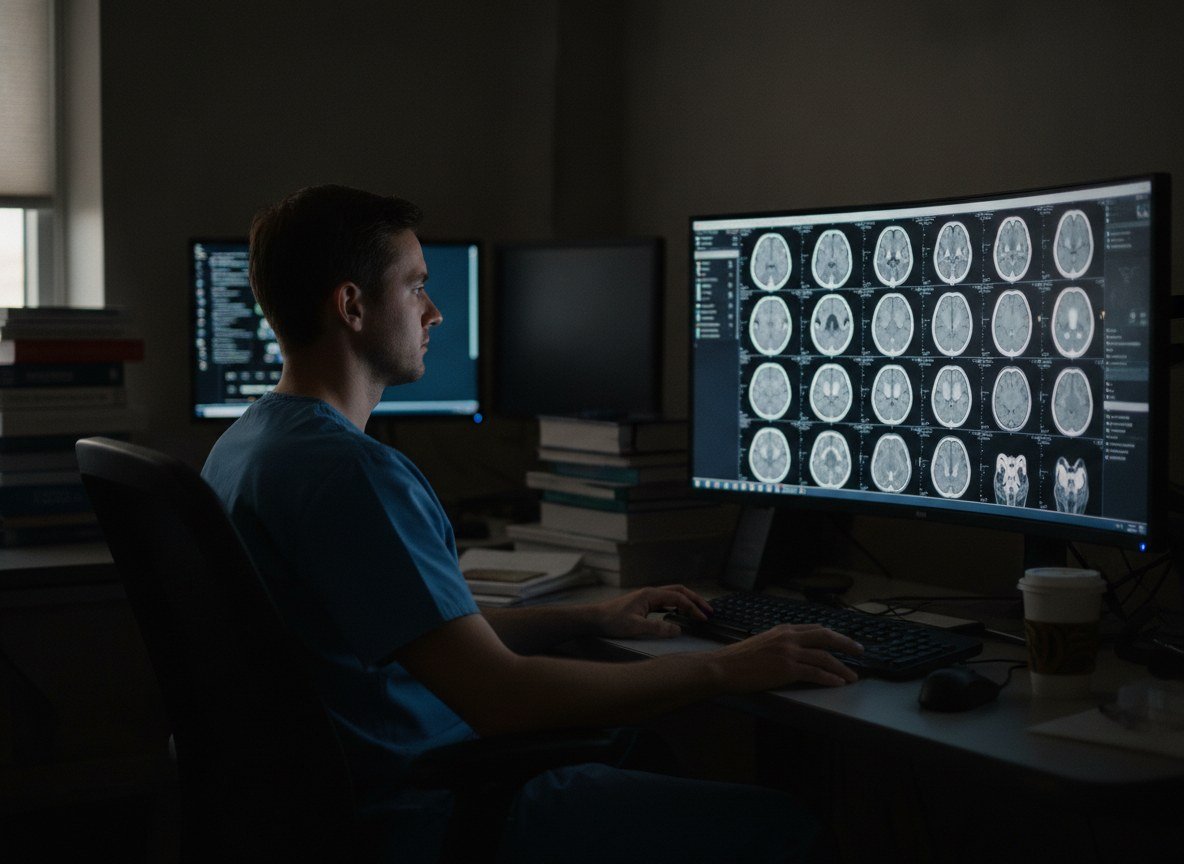 Il·lustració editorial de Una IA que llegeix un TAC cranial sense contrast fa pujar la sensibilitat dels metges per detectar ictus greus del 46,6% al 63,7%