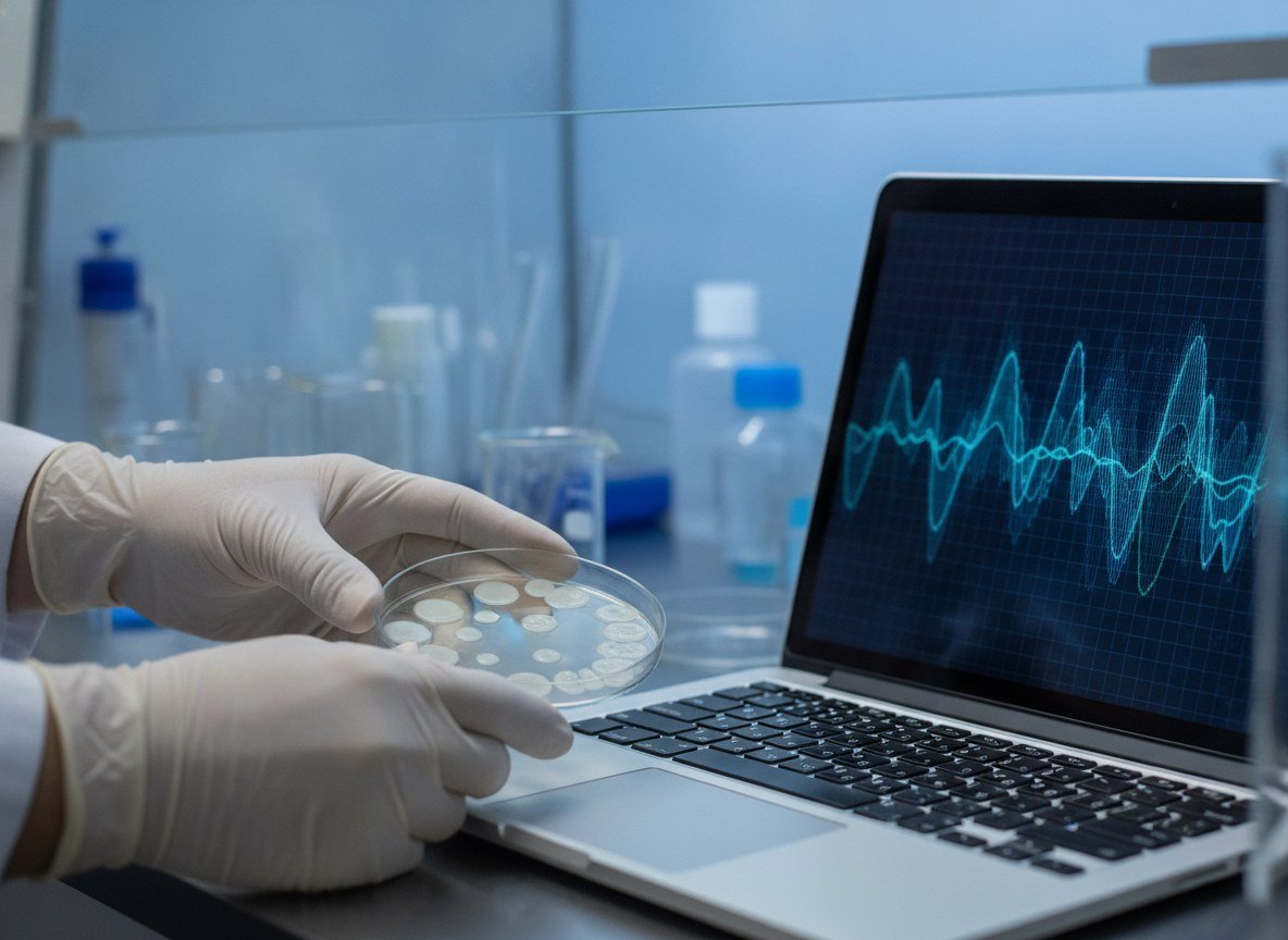 Il·lustració editorial de Investigadors de Stanford i l'Arc Institute dissenyen amb IA setze virus que maten bacteris resistents als seus enemics naturals