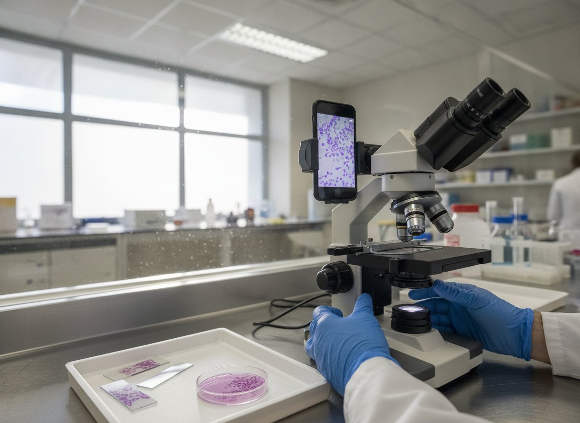 Il·lustració generada amb IA: Una IA llegeix frotis vaginals fotografiats amb un mòbil al microscopi i distingeix cinc diagnòstics, en un estudi tailandès