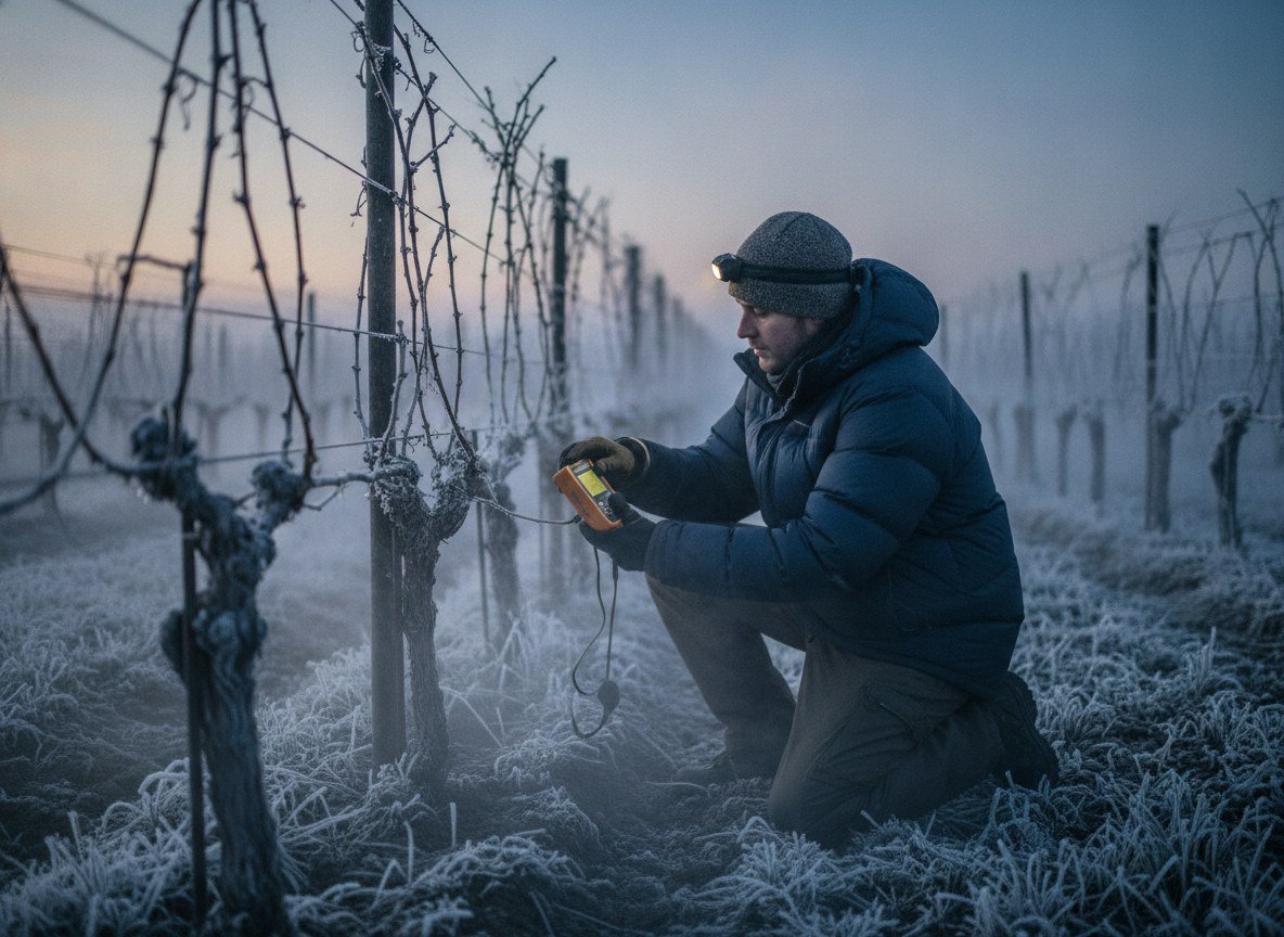 Il·lustració editorial de Un nou model d'IA prediu la resistència al fred de la vinya en regions on mai s'havia entrenat, a partir de descripcions textuals del terreny