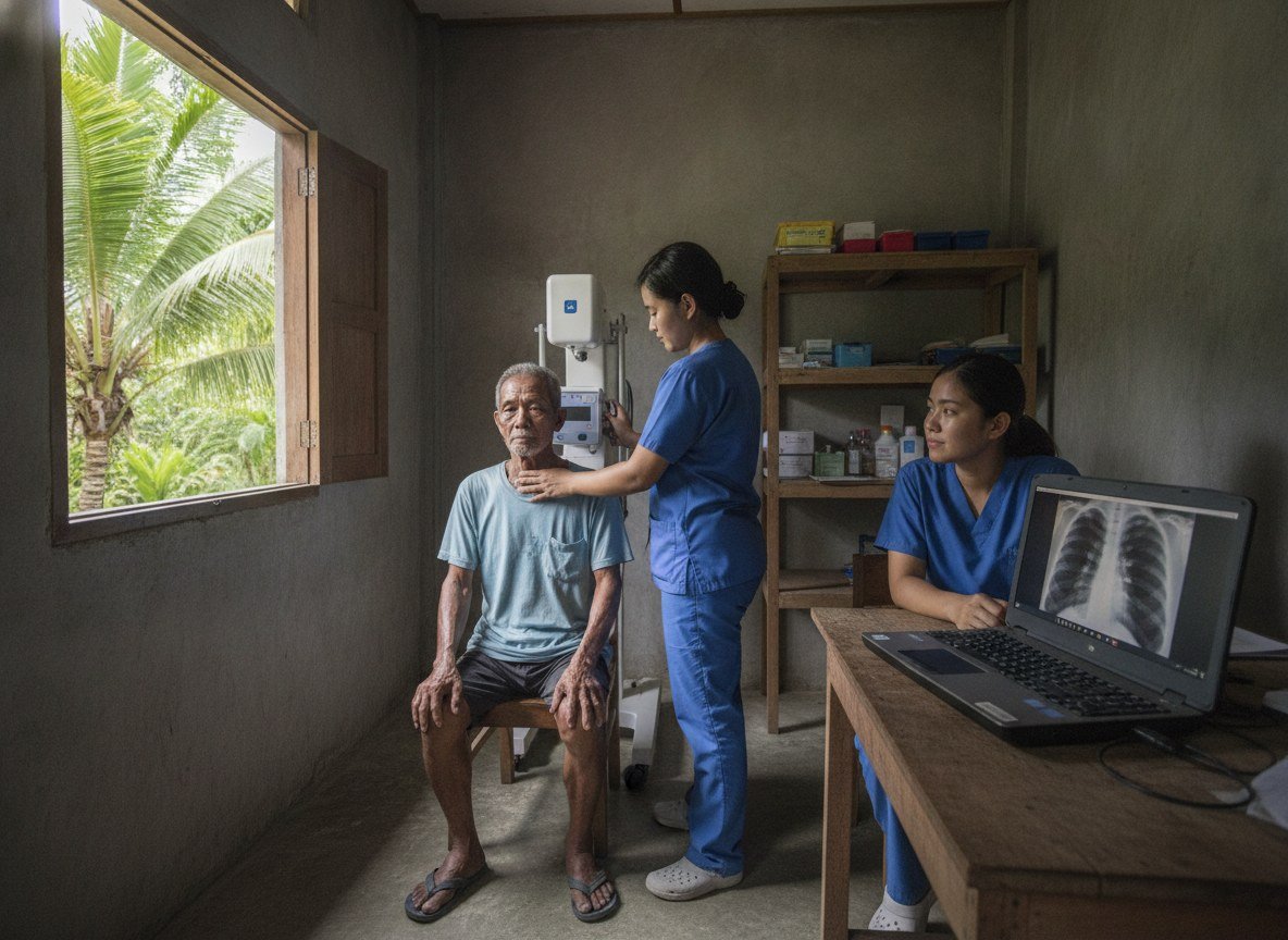 Il·lustració editorial de Un estudi calcula que llegir les radiografies amb IA abarateix el cribratge de tuberculosi als centres rurals de Filipines