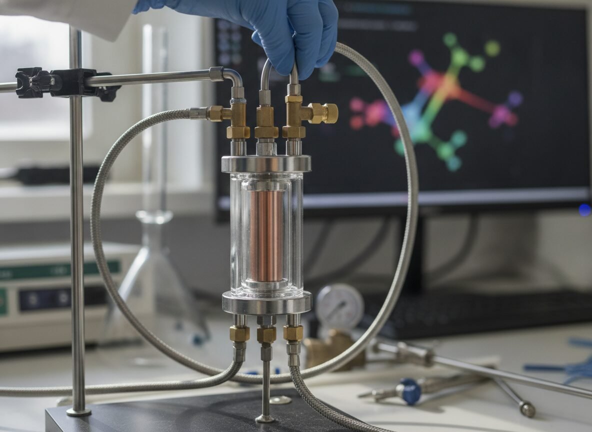 Il·lustració generada amb IA: Una IA amplia de 152 a 9.389 les reaccions que expliquen com es converteix el CO₂ en metanol sobre coure, i les prediccions passen a coincidir amb els experiments