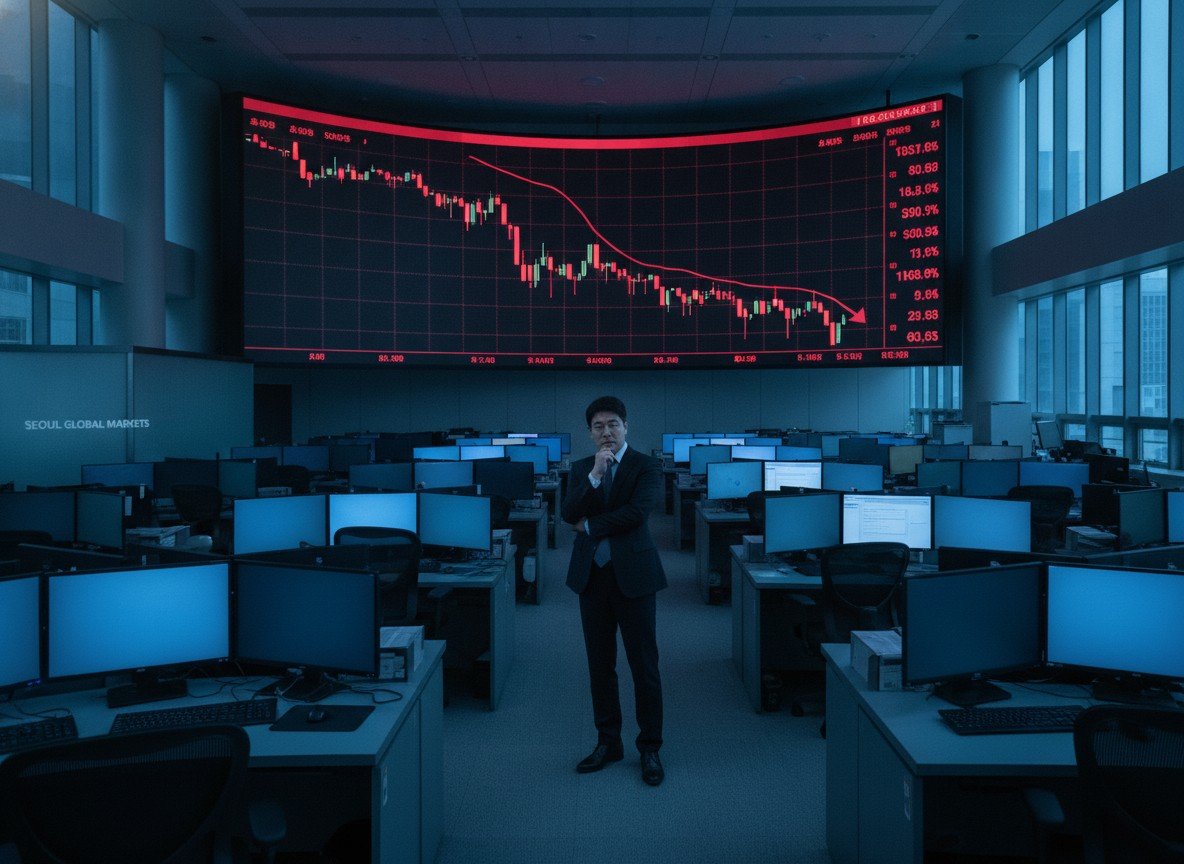Il·lustració editorial de El Kospi s'enfonsa un 10,8% en un sol dia i arrossega Samsung i SK Hynix davant la irrupció d'un rival xinès de la memòria