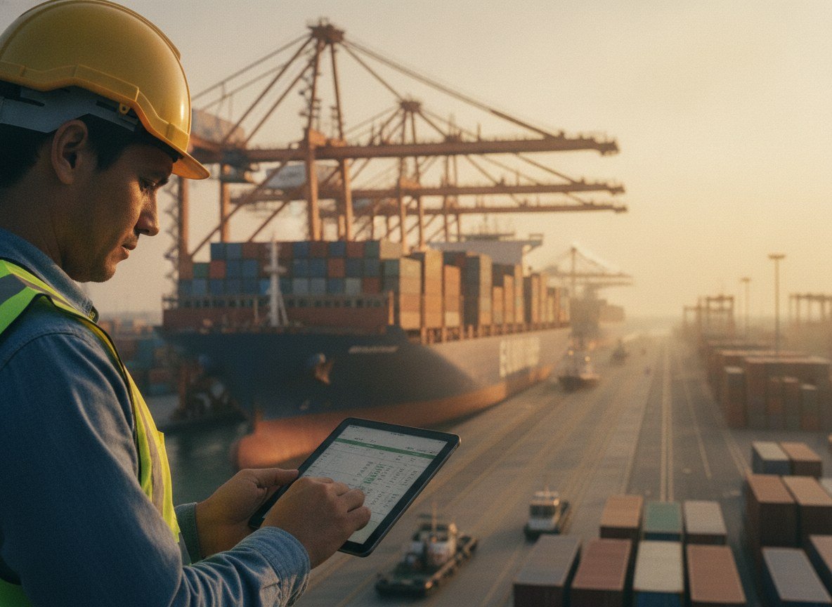 Il·lustració editorial de La logística asiàtica MG Ship llança una plataforma d'IA que promet un 99% de precisió en els terminis d'arribada de mercaderies