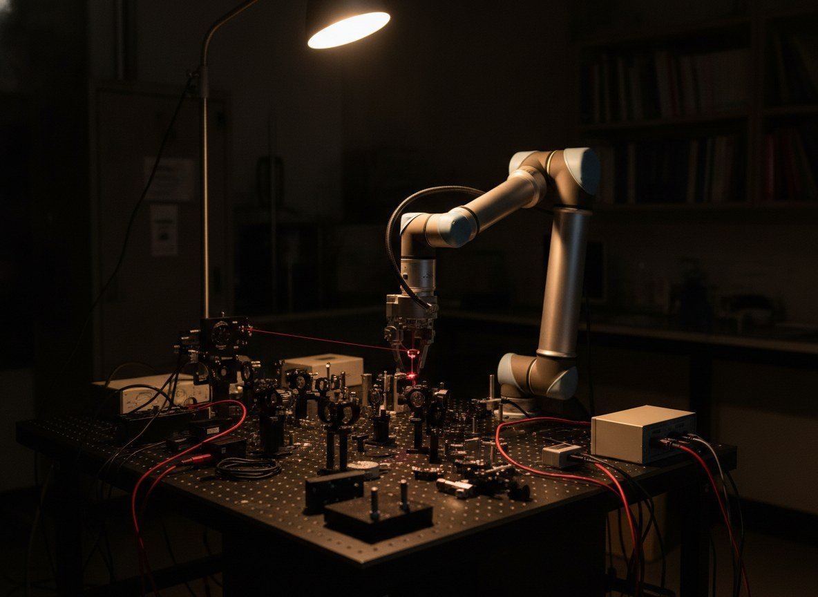 Il·lustració editorial de Un laboratori robòtic del MIT munta i ajusta sol un experiment d'òptica de precisió en mitja hora