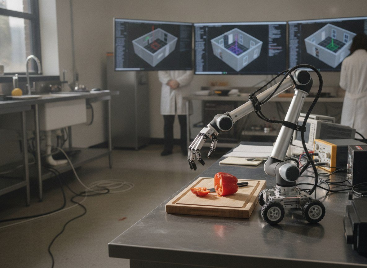 Il·lustració editorial de Tres agents d'IA es reparteixen la feina de dissenyar cuines i habitacions virtuals perquè els robots hi aprenguin abans de sortir al món real