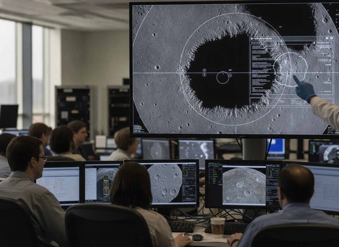 Il·lustració editorial de IBM i la NASA publiquen en obert un model d'IA que combina trenta capes de dades de quatre missions per cartografiar el gel i els cràters de la Lluna