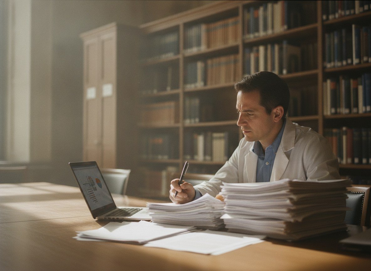 Il·lustració editorial de Nou de cada deu articles biomèdics publicats a finals del 2025 mostren senyals d'haver-se escrit amb ajuda d'un model de llenguatge