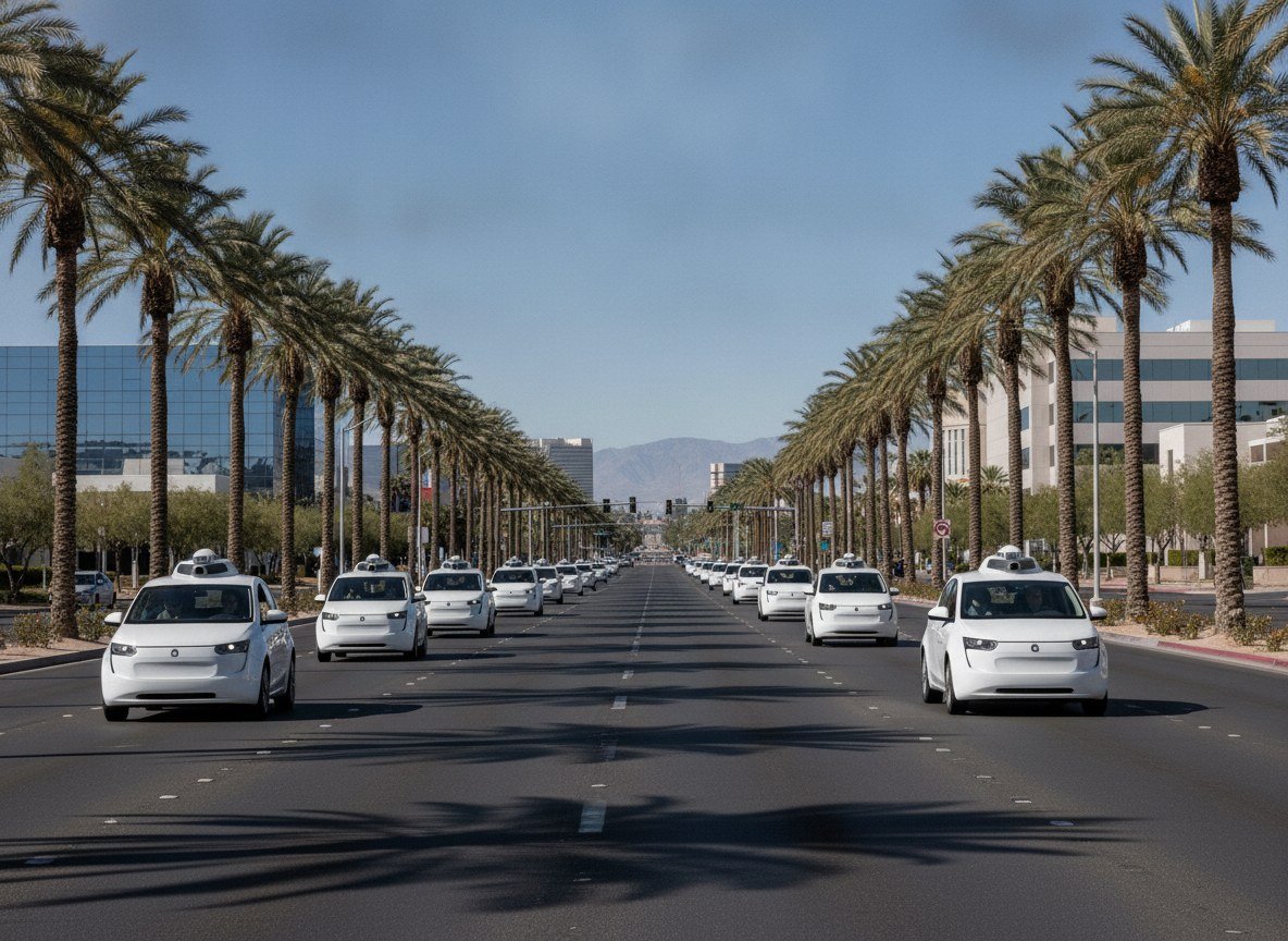 Il·lustració editorial de Nevada autoritza fins a 8.000 robotaxis de Tesla, Uber i Waymo a la zona de Las Vegas