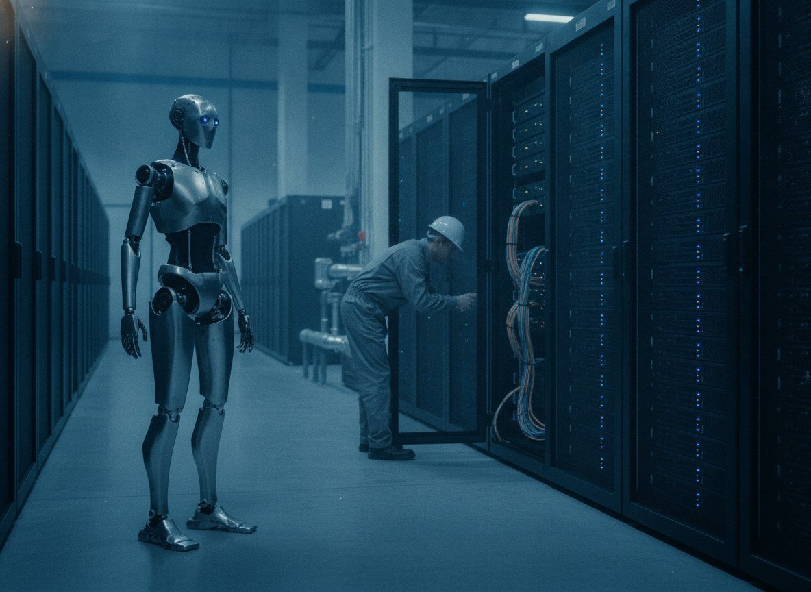 Il·lustració editorial de Nscale es compromet amb 3.500 milions de dòlars en computació perquè Figure entreni la pròxima generació de robots humanoides