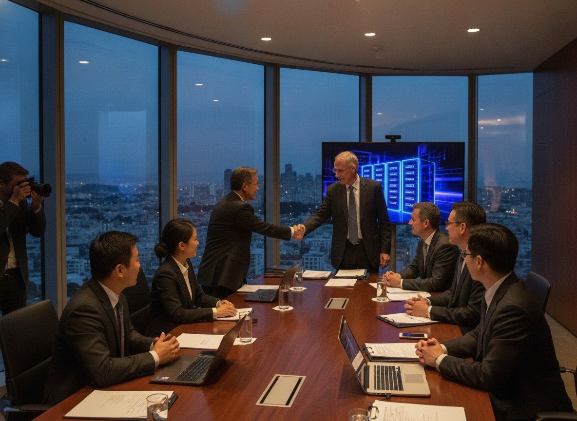 Il·lustració editorial de Nvidia i SK Group anuncien una aliança de 500.000 milions de dòlars per construir fàbriques d'IA i xips de memòria a Corea del Sud