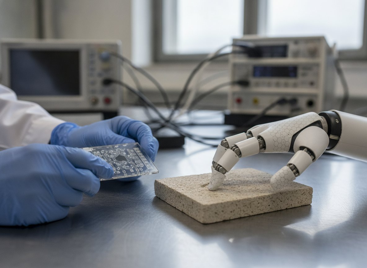 Il·lustració generada amb IA: Una pell artificial amb més de 10.000 sensors permet que robots humanoides notin relleus de 300 micròmetres i reaccionin als estímuls nocius
