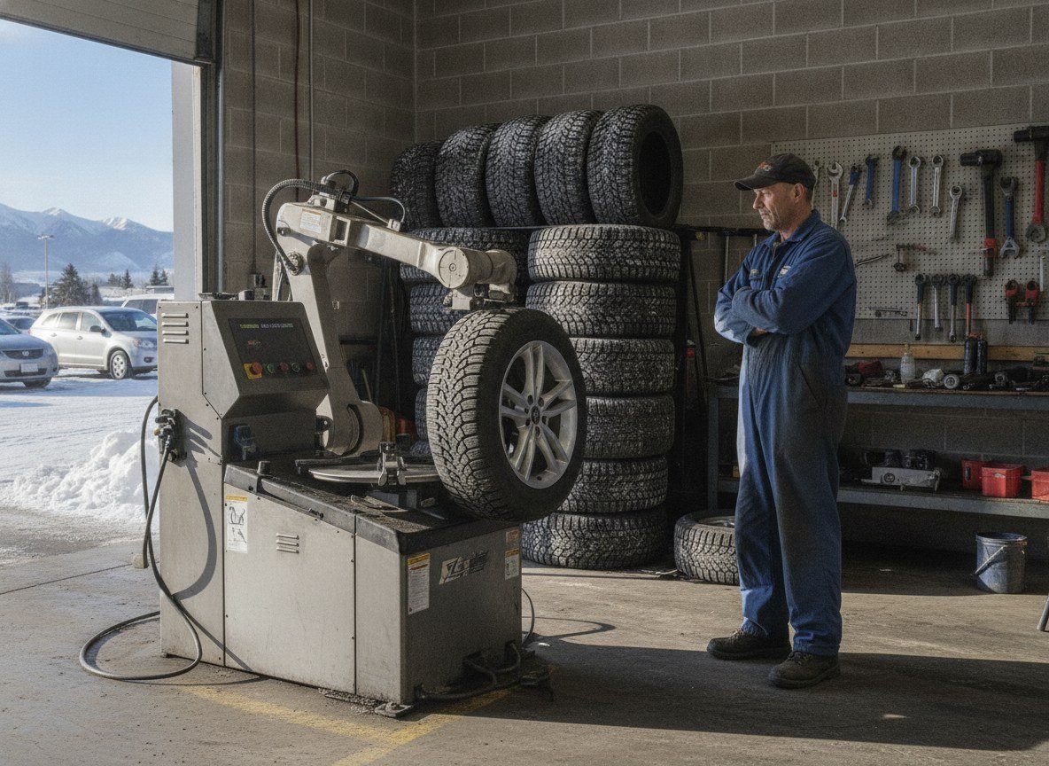 Il·lustració editorial de Un robot canvia les quatre rodes d'un cotxe en menys de quinze minuts en un taller de Calgary