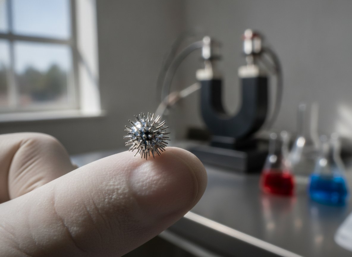 Il·lustració generada amb IA: Un robot esfèric de 6,5 mm, guiat amb imants, allibera insulina a l'intestí de porcs mitjançant microagulles