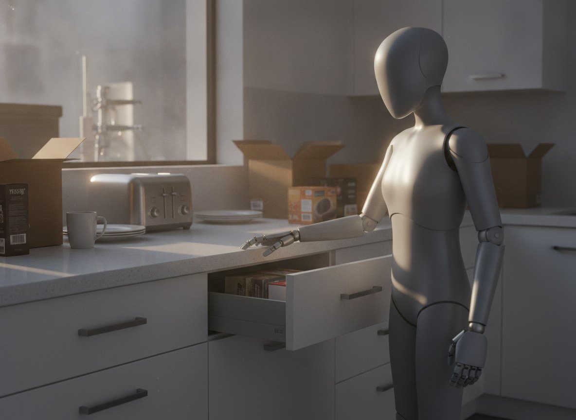 Il·lustració generada amb IA: Un robot humanoide de Stanford i Caltech endreça una cuina que no coneixia sense cap entrenament previ