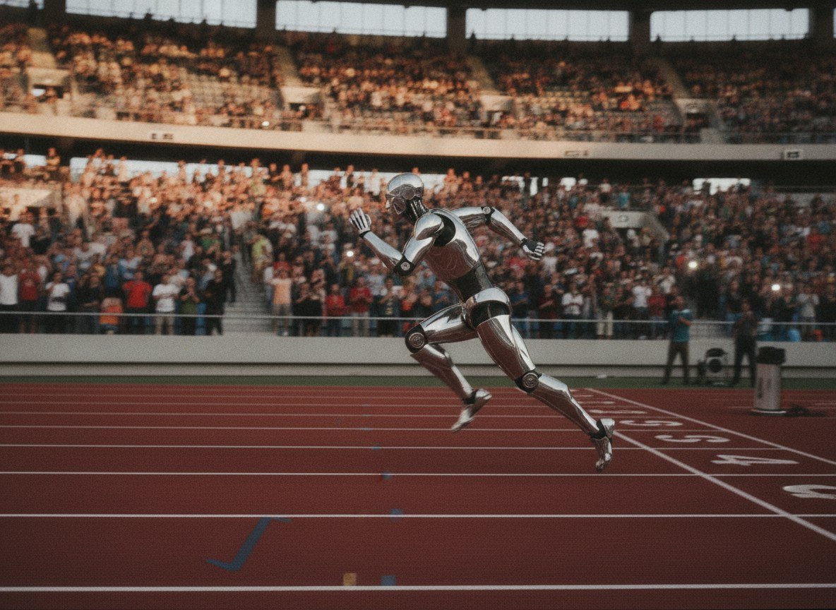 Il·lustració editorial de Un robot humanoide xinès baixa dels 9,4 segons als 100 metres i un altre salta 2,88 metres, superant els rècords humans d'Usain Bolt i Javier Sotomayor