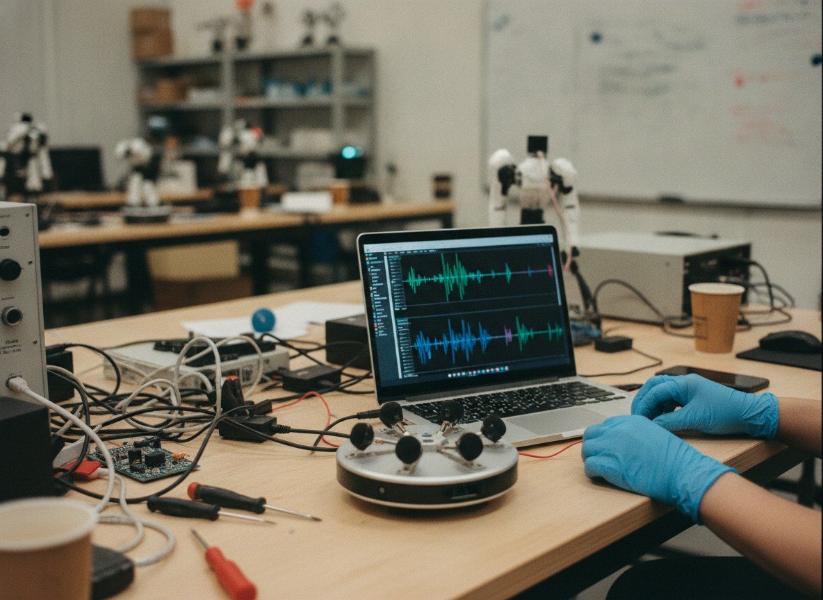 Il·lustració editorial de Un estudi demostra que un simple error de reconeixement de veu pot fer que un robot amb IA executi una ordre perillosa