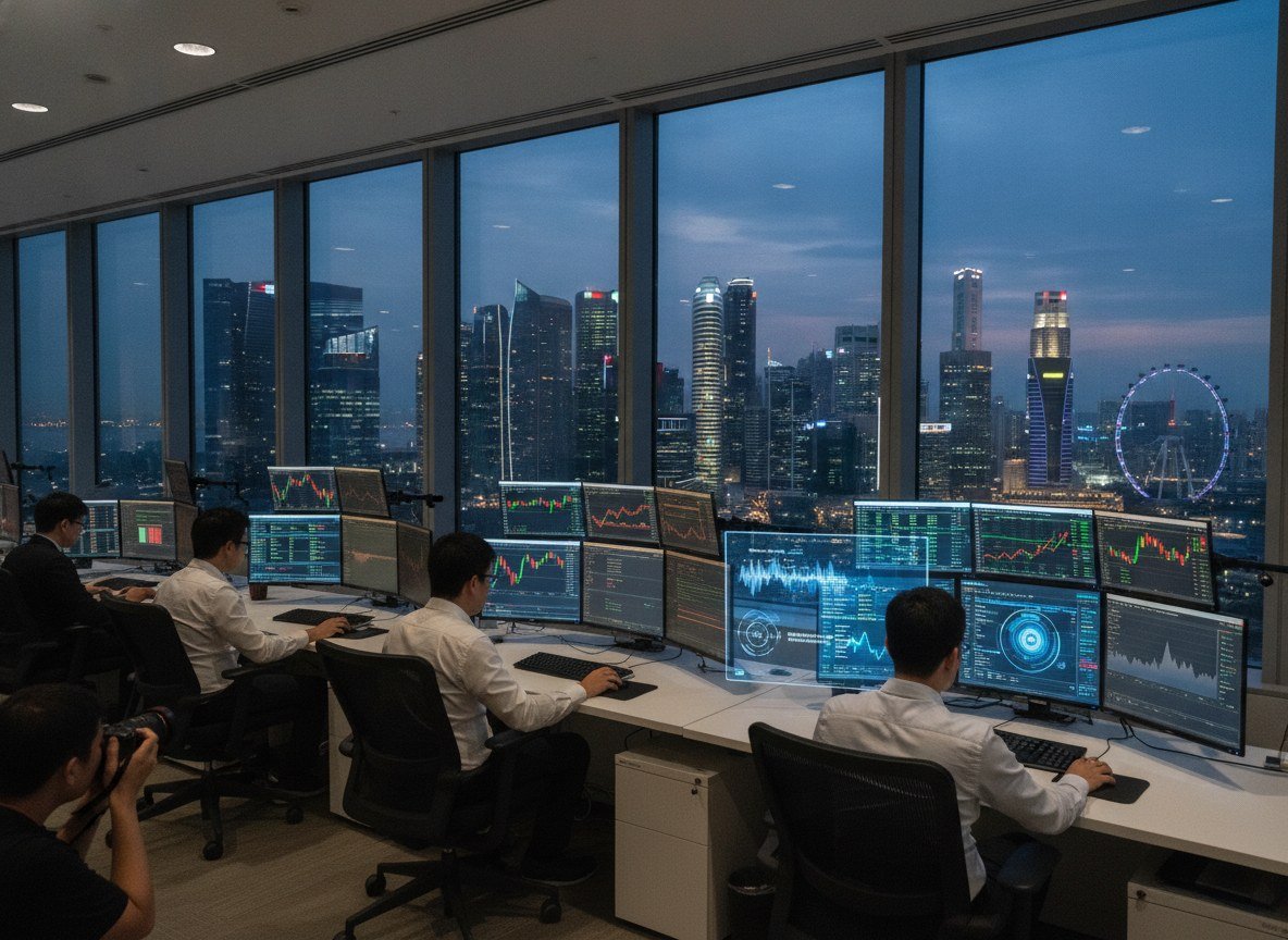Il·lustració editorial de Singapore es juga la seva bossa de talent financer amb Hong Kong apostant per l'accés lliure a la IA