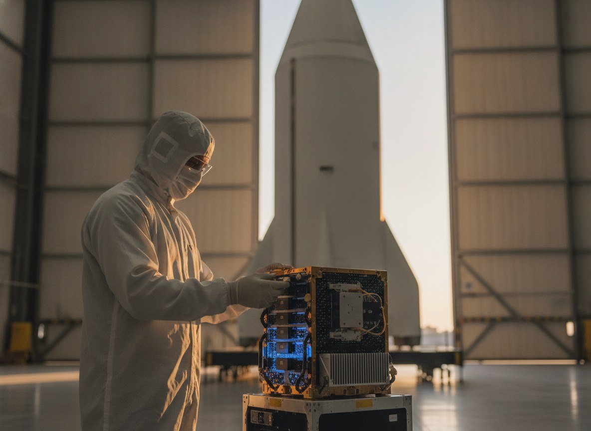 Il·lustració editorial de SpaceX es compromet en exclusiva amb Nvidia per construir tota la seva IA, a terra i a l'espai, amb l'arquitectura Vera Rubin