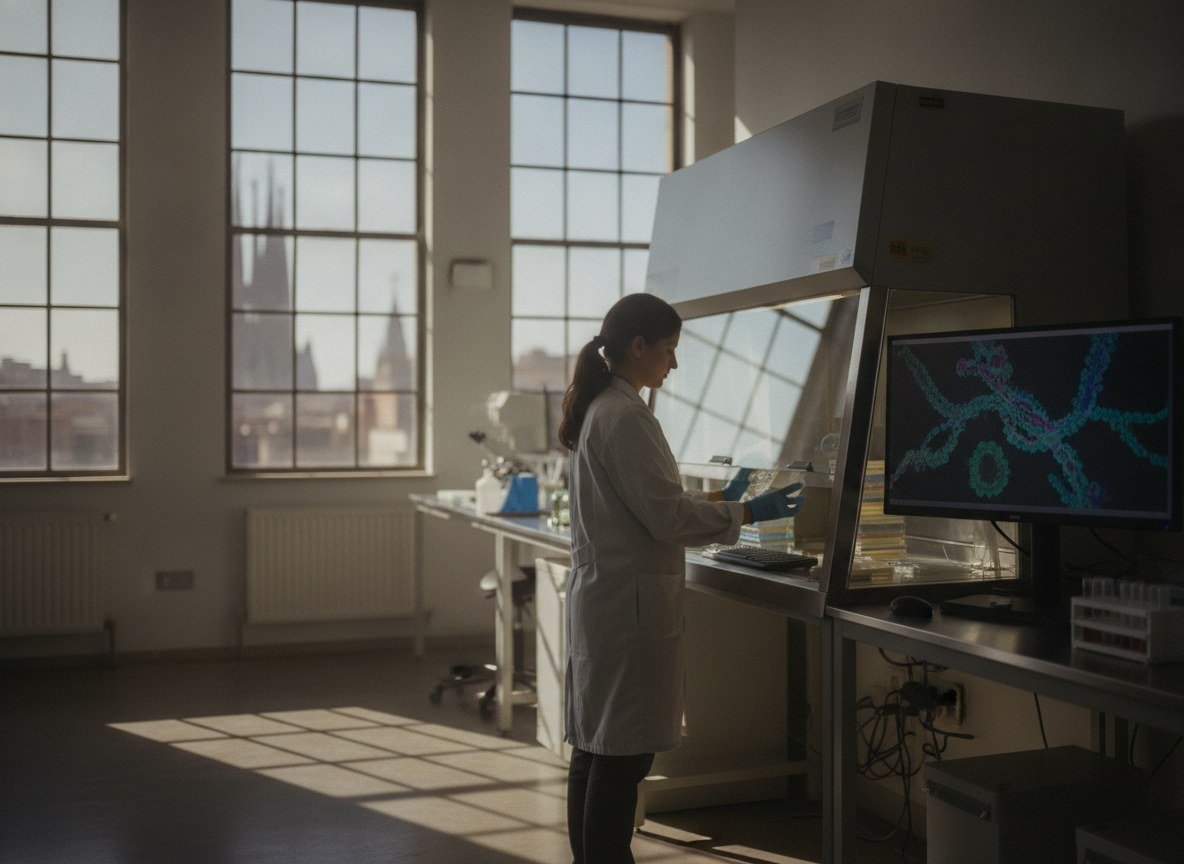 Il·lustració editorial de Una startup britànica de biotecnologia amb IA tria Barcelona com a seu i hi crea sis llocs de treball especialitzats