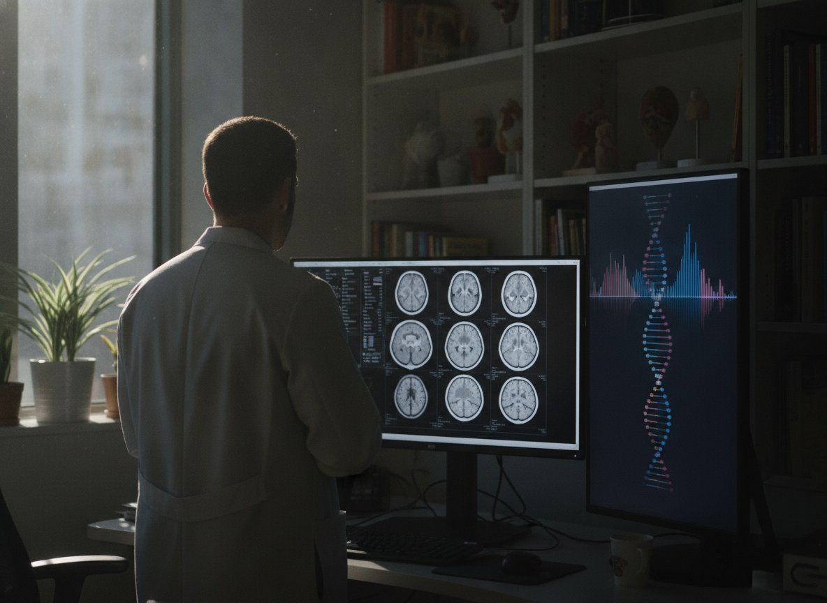 Il·lustració generada amb IA: Una IA de tipus transformer troba 18 variants genètiques associades a l'ictus isquèmic i separa millor els pacients que les eines anteriors