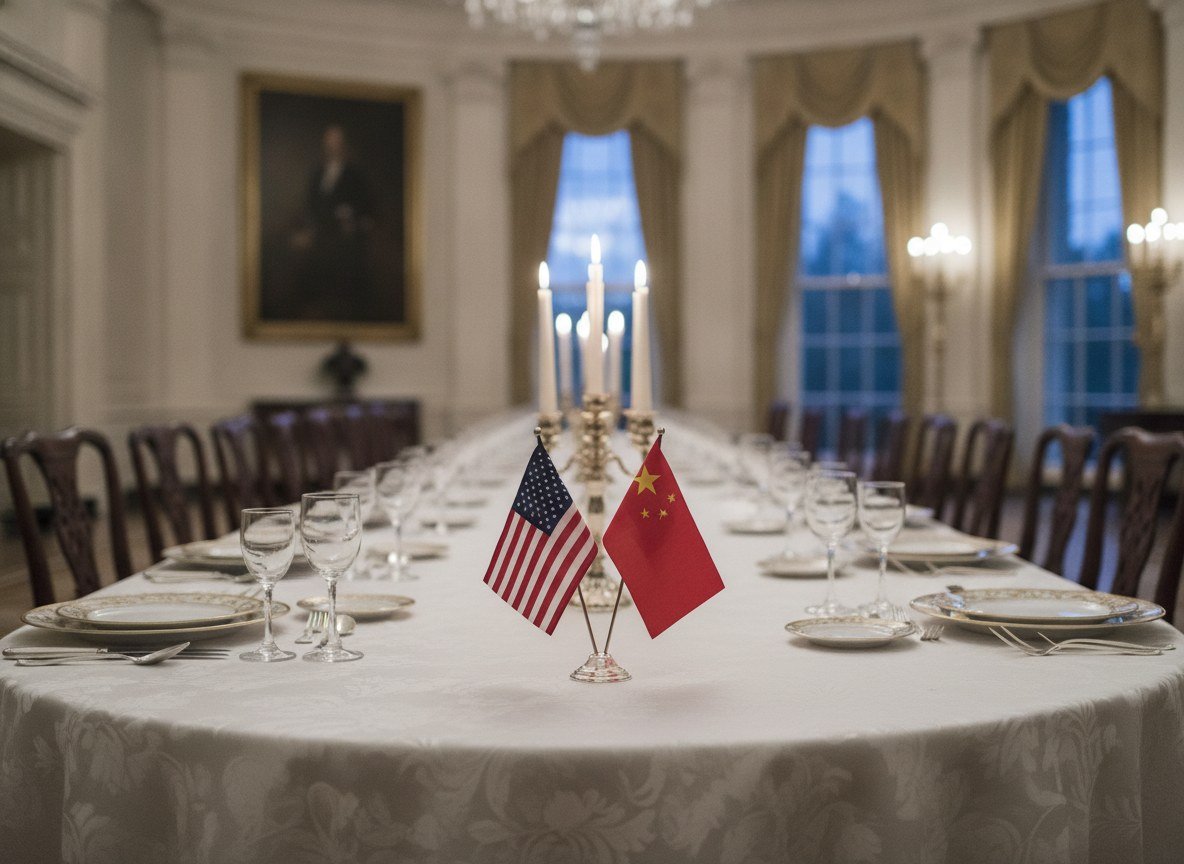 Il·lustració editorial de Els grans caps de la IA nord-americana seuran al sopar d'estat de Trump amb Xi Jinping