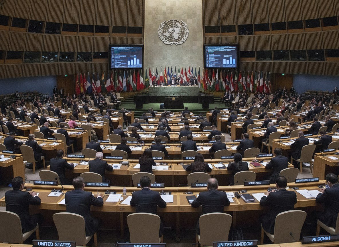 Il·lustració editorial de Trump diu a l'Assemblea General de l'ONU que els Estats Units rebatejaran la intel·ligència artificial com a «superintel·ligència»
